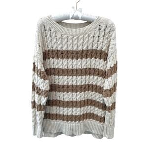ANTHROPOLOGIE Pilcro Cable Knit Cream Brown Striped Longline Sweater | Small